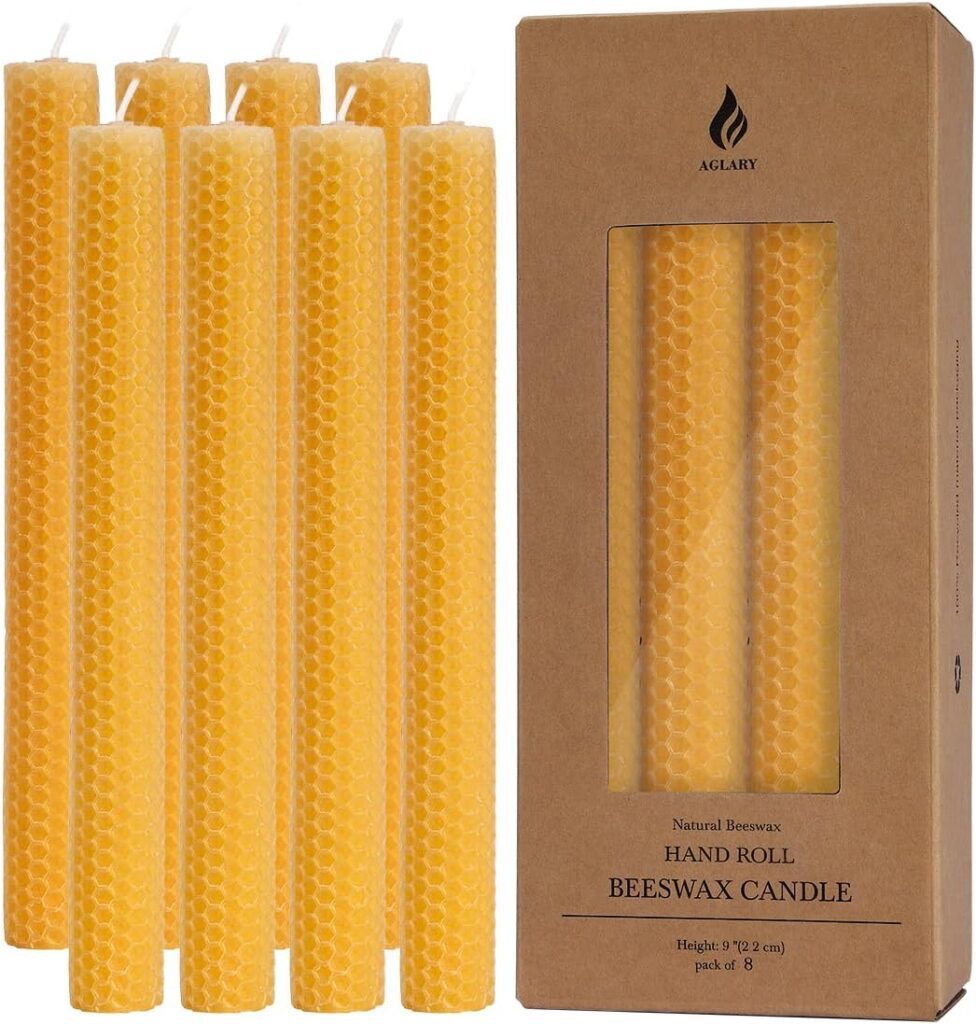 8PCS 9″ Hand-Rolled Beeswax Taper Candles, Real Pure Beeswax, Handmade Honeycomb Candles, Flat Top, Brown Raw