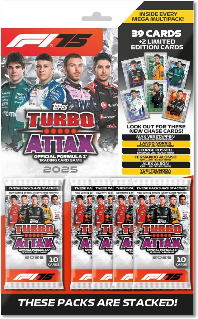 Topps Turbo Attax Formula 1 2025 – Mega Multipack – contains 39 Turbo Attax cards plus 2 random Limited Edition cards.