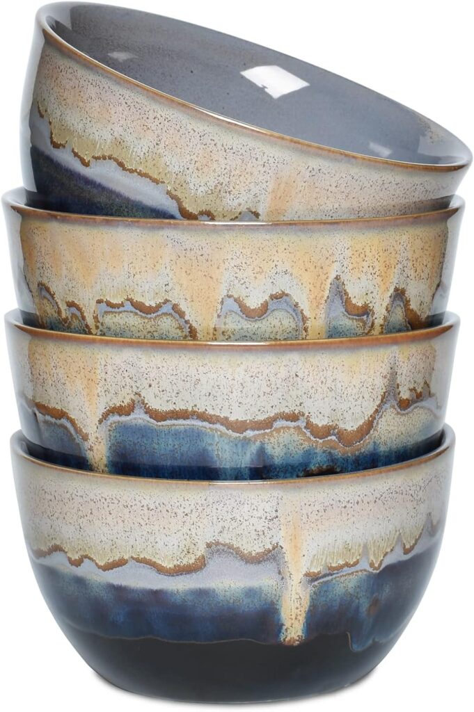 Bosmarlin Stoneware Cereal Bowls Set of 4, 26 Oz, Soup Bowls for Oatmeal, Salad, Dishwasher and Microwave Safe, Reactive Glaze (26 Oz, Grey)