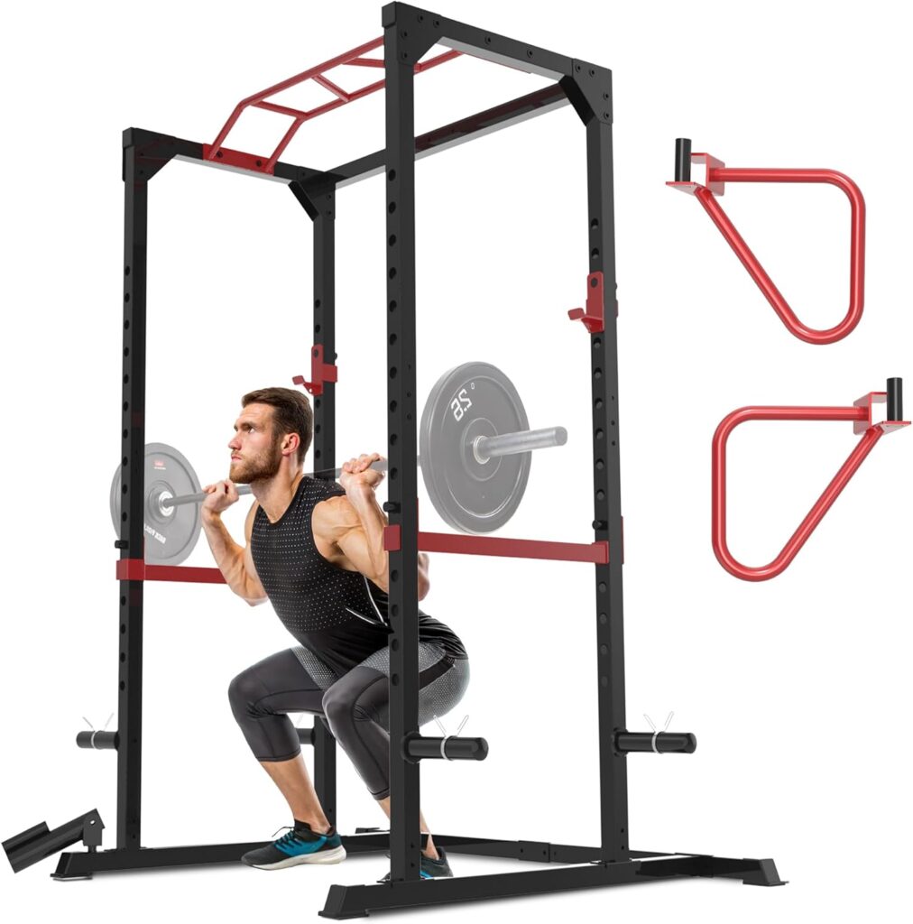 Fitness Reality Power Cage Squat Rack with Optional LAT Pulldown, Cable Crossover, 800 lb Capacity, Multi-Grip Pull-Up Bar, Adjustable Safety Bars, Strength Training for Home Gym