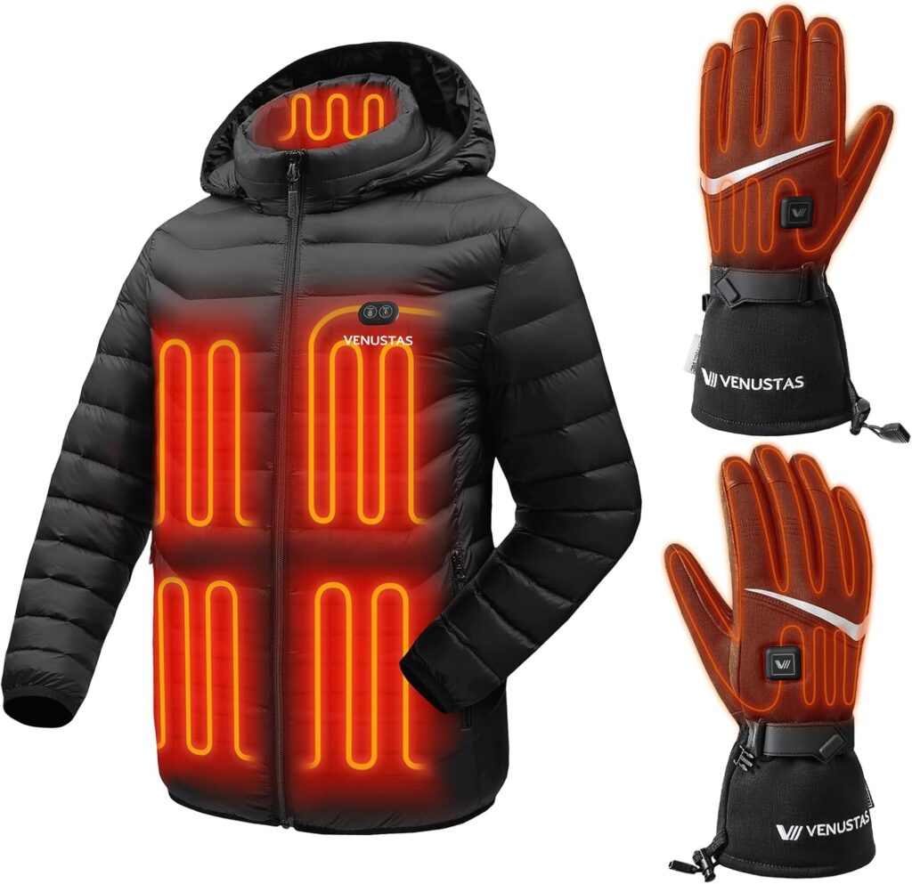 Venustas Unisex Dual-Control Heated Jacket (Black, XL) &Heated Gloves for Men & Women (Black, L)