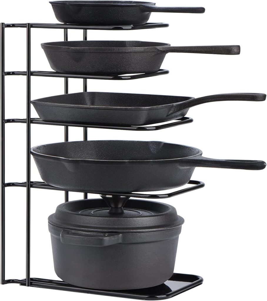 Toplife Heavy Duty Pan Organizer, 5 Tier Pot and Pan Organizer Rack for Cast Iron Skillets, Griddles and Pots – Sturdy Steel Construction- No Assembly Required – Black