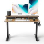 FEZIBO 48 x 24 Inch Height Adjustable Electric Standing Desk with Double Drawers, Stand up Desk, Home Office Computer Workstation with 4 Height-Adjustable Feets & 2 Hooks, Rustic Brown