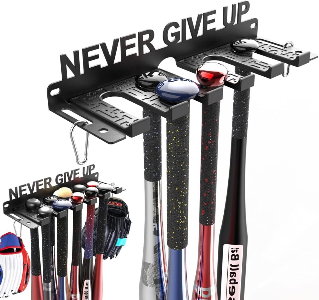 veimia Baseball Bat Holder Wall Mount, Baseball Bat Storage Rack, Holds 10 Bats on Wooden or Concrete Wall, Metal Bat Hanger with Fully Wrapped Rubber Mat, Hardware Included.