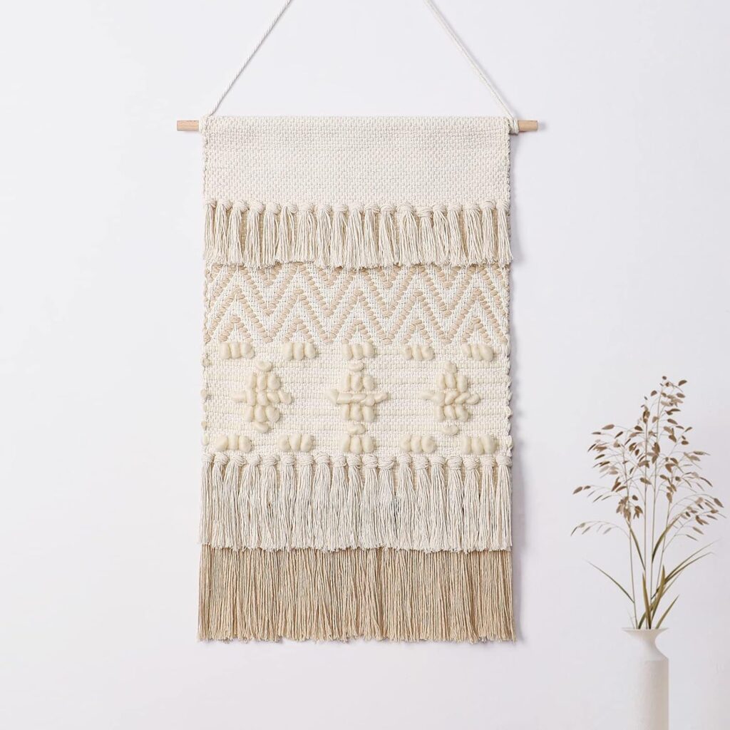 Dremisland Macrame Woven Wall Hanging Home Decor Bohemian Beige Geometric Wave Art Decor with Wool Ball and Tassle-Elegant Apartment Bedroom Dorm Room Door Decoration, 15.7″ W x 22″ L (Beige Wool Ball)