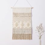 Dremisland Macrame Woven Wall Hanging Home Decor Bohemian Beige Geometric Wave Art Decor with Wool Ball and Tassle-Elegant Apartment Bedroom Dorm Room Door Decoration, 15.7″ W x 22″ L (Beige Wool Ball)