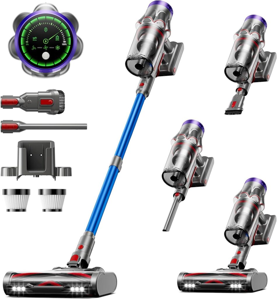 Cordless Vacuum Cleaner, 50KPa 600W 65Mins Vacuum Cleaner for Home, Anti-Tangle Self-standing Stick Vacuum with Scented Tablet, Upgraded Dust Cup Scraping, Vacuum Cordless for Pet Hair/Carpet/Floors