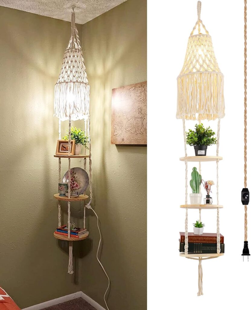 Boho Plug in Pendant Light,Hanging Light with Plug in Cord,Hanging Lamp Macrame Lamp Shade,Dimmable Switch,3 Tier Hanging Plant Shelf Shelves Bohemian Decor for Bedroom Living Room Corner