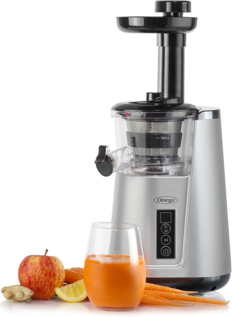Omega Juicer Cold Press 365 Vertical 65 RPM Slow Masticating Compact Extractor for Fruits and Vegetables with 3 Stage Auger & BPA-Free Container, 150-Watts, Silver