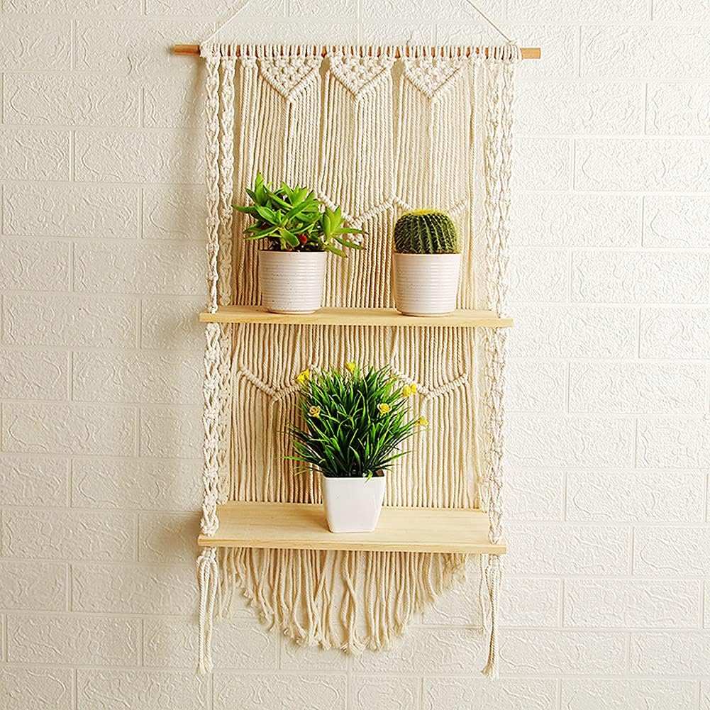 Macrame Wall Hanging Shelf – Boho Indoor Hanging Shelves for Wall – Decorative Bohemian Floating Plants Room Storage Shelving Macrame Rope Decor Organizer Rack, 2 Tier Indoor Handmade Plant Shelves