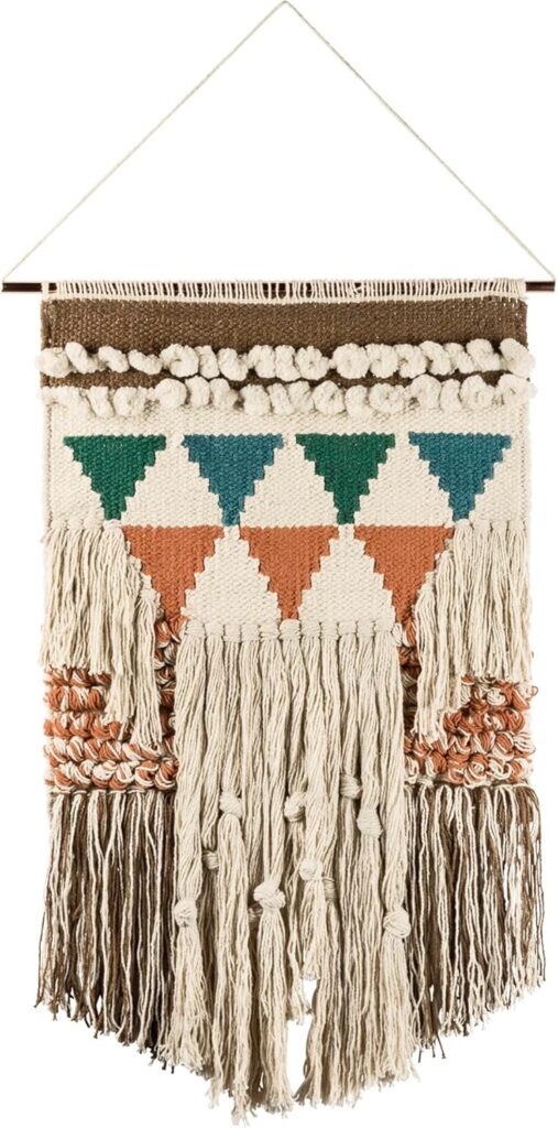 Primitives by Kathy Bohemia Style Woven Wall Hanging, Handmade Cotton Fringe Tassel Banner with Copper Hanging Rod, Bohemian Decor for Apartment, Dorm, Living Room, Bedroom, Baby Nursery, 14″W x 24″L