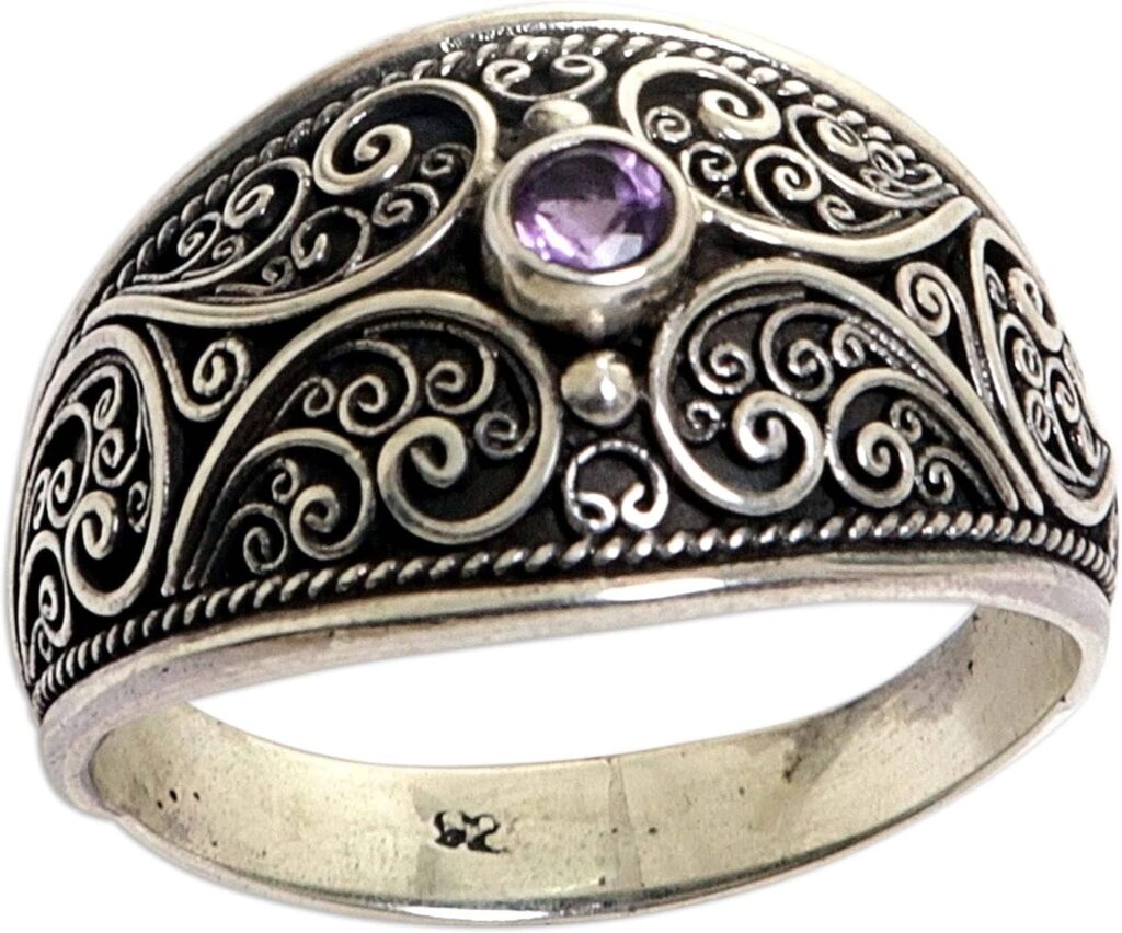 NOVICA Artisan Handmade Amethyst Band Ring .925 Sterling Silver from Indonesia Cocktail Birthstone Gemstone ‘Purple Swirls’