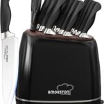 Amorston Knife Set, 14 Pcs Kitchen Knives Block Set for Mirror Blade Design, German Stainless Steel Knife Sets with Sharpening Stone, Dishwasher Safe Perfect Holiday Gifts for Kitchen, Black