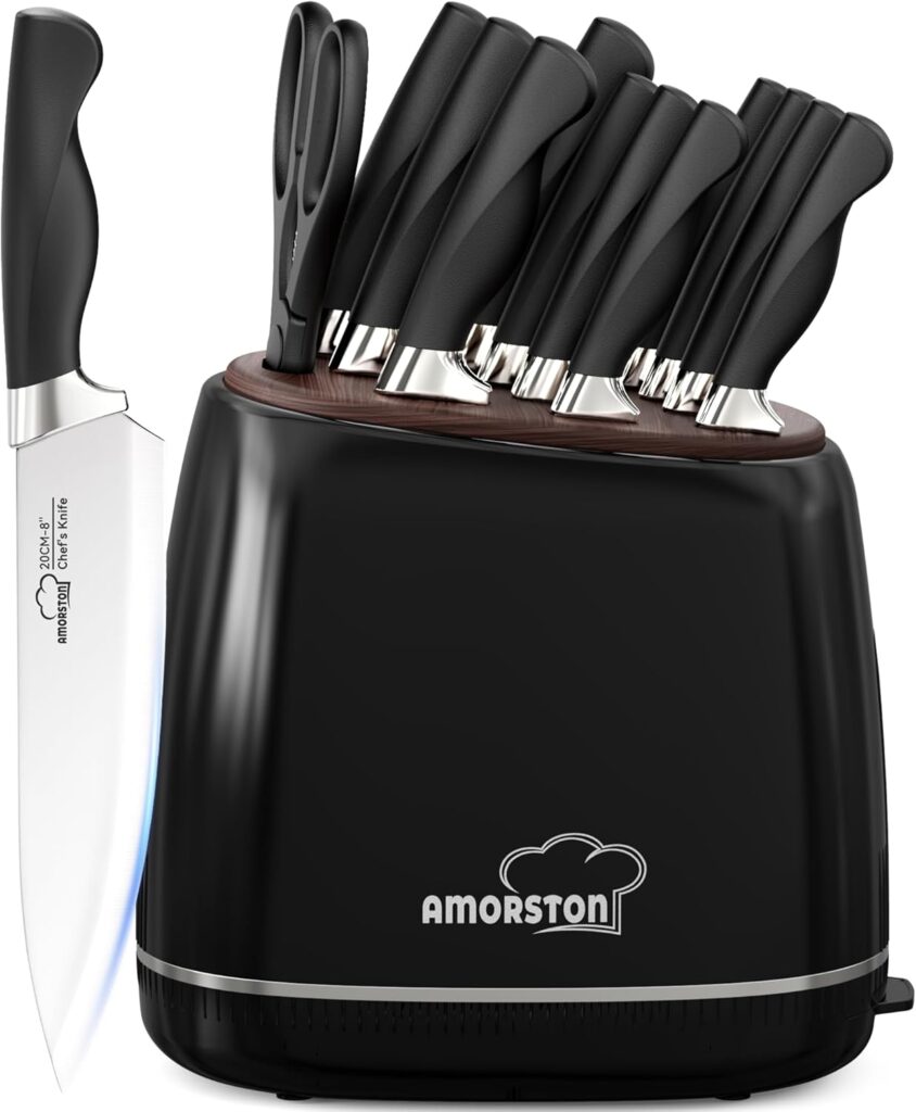 Amorston Knife Set, 14 Pcs Kitchen Knives Block Set for Mirror Blade Design, German Stainless Steel Knife Sets with Sharpening Stone, Dishwasher Safe Perfect Holiday Gifts for Kitchen, Black