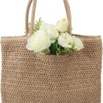 Straw Beach Tote Bag for Women,Summer Beach Bag Rattan Handbag,Large Khaki Woven Tote With Zipper for Holiday,Daily Use,Handmade Weaving Handbag.