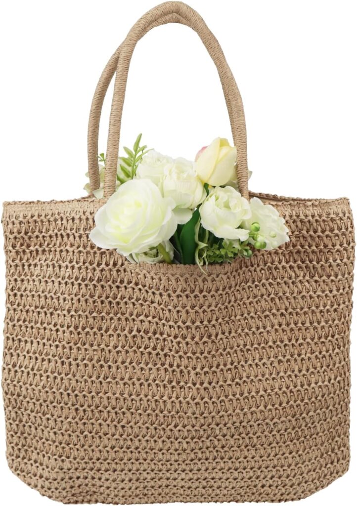 Straw Beach Tote Bag for Women,Summer Beach Bag Rattan Handbag,Large Khaki Woven Tote With Zipper for Holiday,Daily Use,Handmade Weaving Handbag.