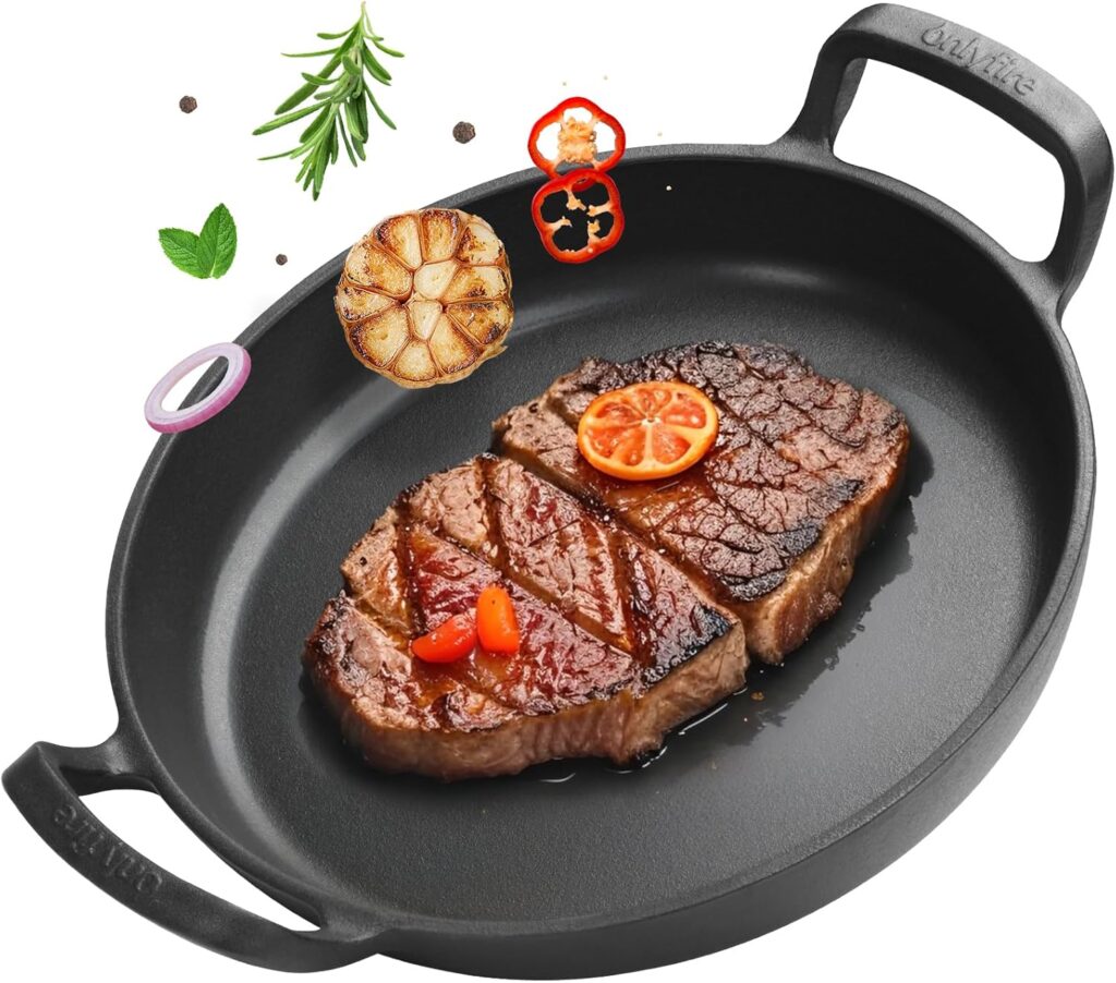 onlyfire Pre-Seasoned Cast Iron Skillet, Round Frying Pan with Nonstick Grill Surface and Dual Handles, 10 Inch Cast Iron Pan – Compatible With All Stovetops – Oven Safe & Rust Resistant