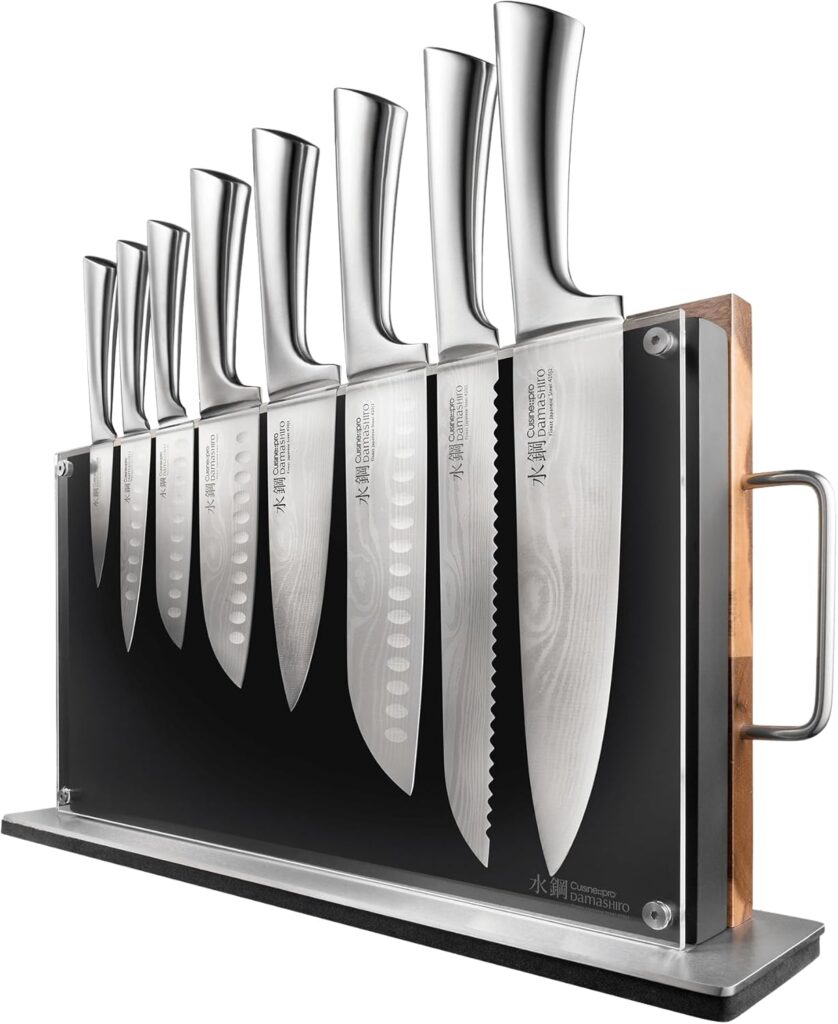 Cuisine::pro Damashiro Knife Block (Bodo, 10 Piece Set) – Premium Japanese Steel Knife Set With Transparent Display – Built-in Magnetic Acacia Wood Chopping Board