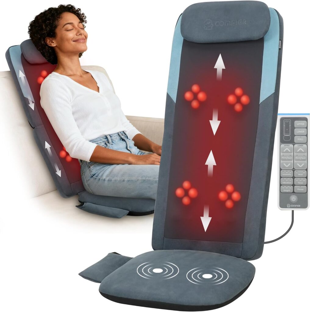 COMFIER Shiatsu Back Massager Chair Pad with Heat, Deep Tissue Massage Seat Pad for Neck and Back, Foldable Full Back Massager Chair Cushion with Adjustable Height & Vibration Seat