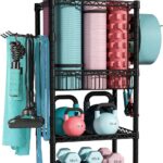 FUTASSI Home Gym Storage, 3 Tiers Workout Equipment Organizer with Wheels for Yoga Mats, Foam Roller, Dumbbells, Kettlebells, and Resistance Bands