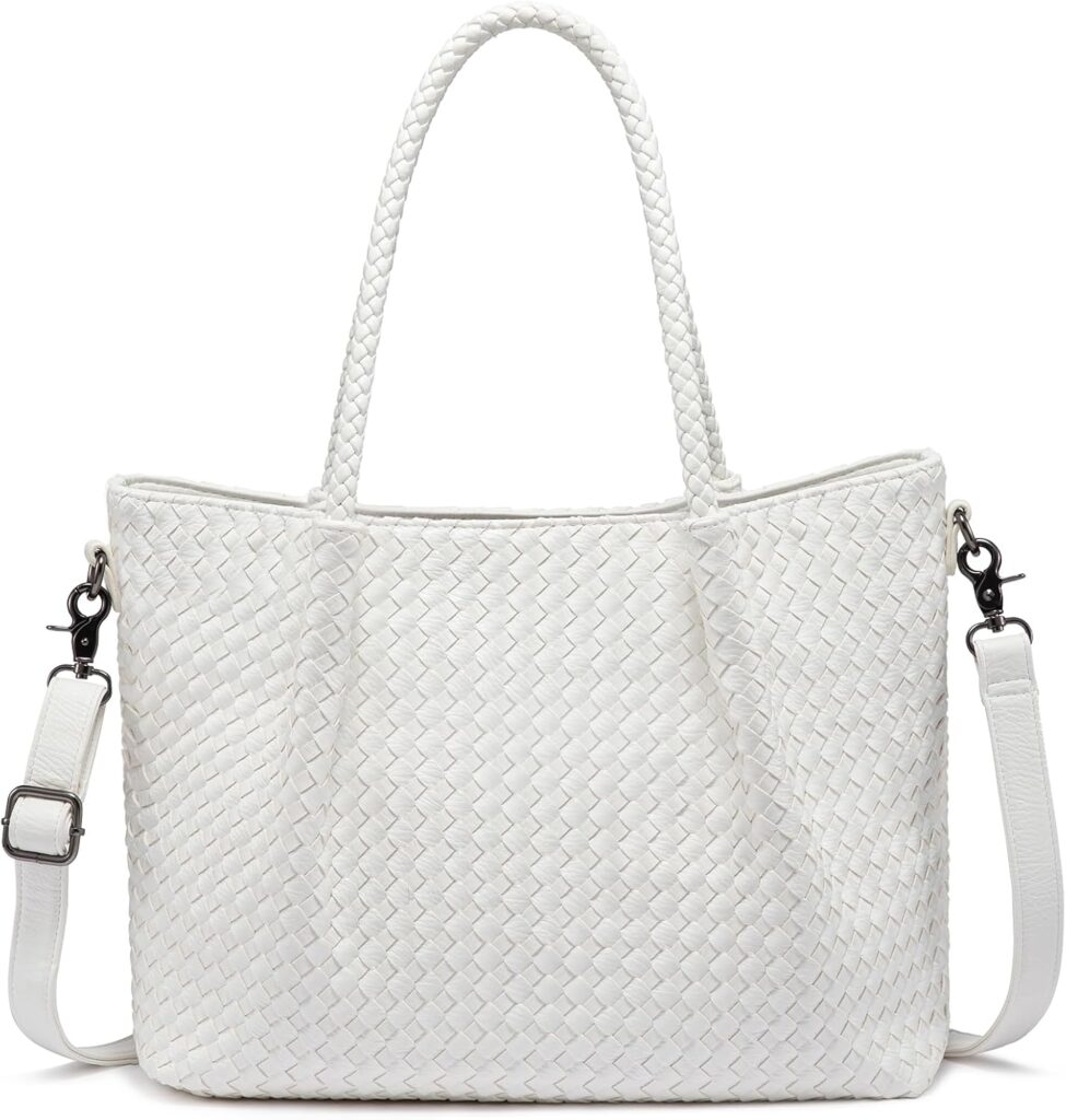 LOVEVOOK Woven Tote Bag for Women Vegan Leather Shoulder Handbag for Travel Work Crossbody Purse