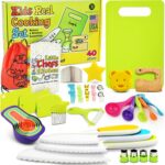 40Pcs Kids Knife set for Real Cooking – Montessori Kitchen Tools for Toddlers – Safe Kitchen Tools and Accessories with Recipes Book, Cutting Board and Knife set – Kids Knives and Cooking Utensils Kit