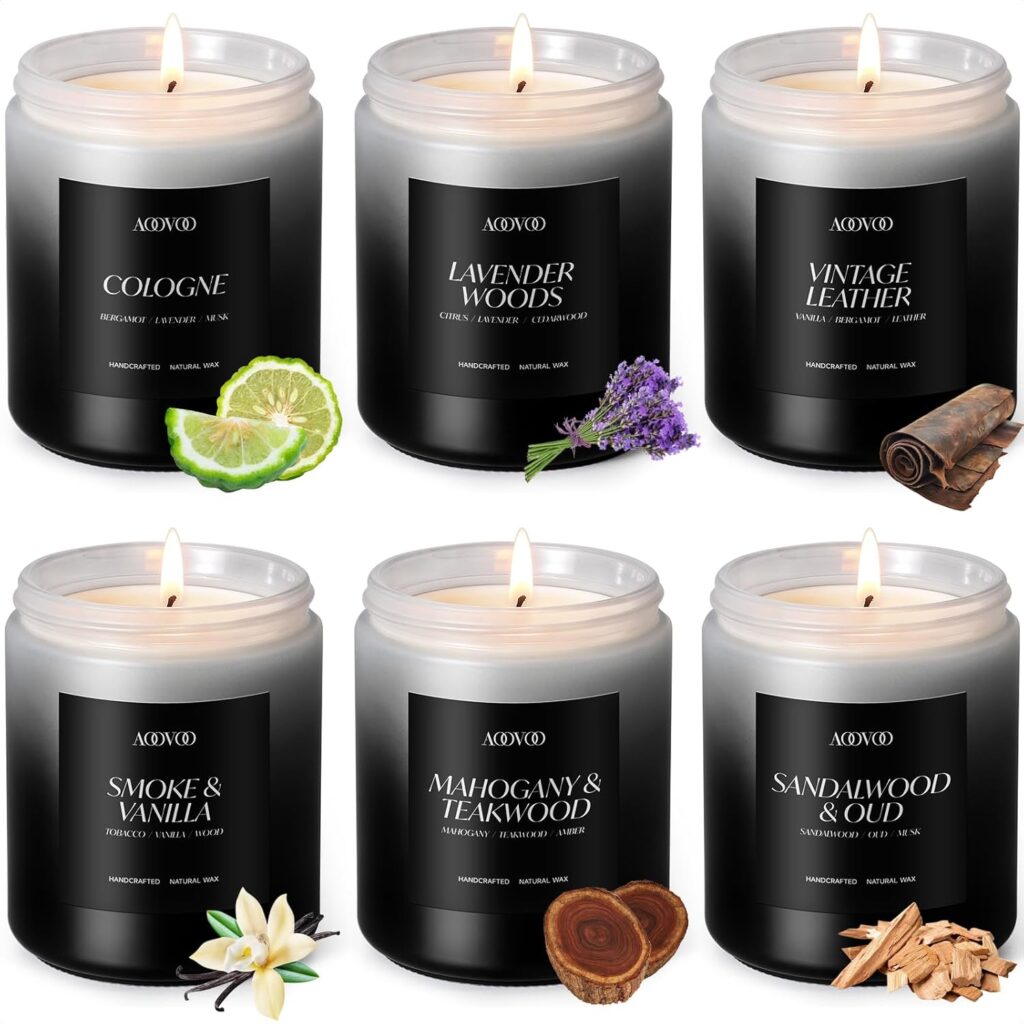 AOOVOO Scented Candles Set – 6 Pack Men Candles for Home Scented, 42 oz Soy Wax, 300 Hour Long Lasting Candle, Soy Candle Gifts Set for Men, Birthday, Valentine, Christmas, Anniversary Present