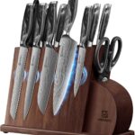 Knife Set for Kitchen 14 Pieces with Magnetic Block, German Razor Sharp High Carbon Stainless Steel Damascus Pattern, Full Tang Ergonomic Handle, Black Flowing Cloud Design