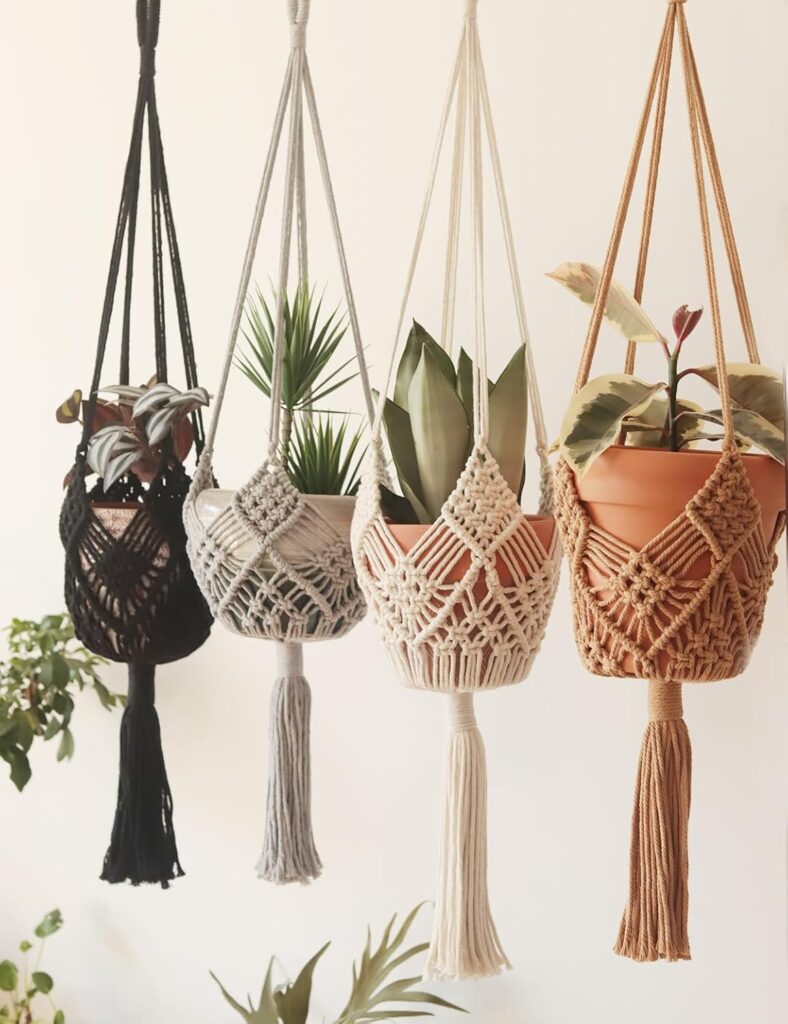 Hanging Planter with Patterns,4Packs Macrame Plant Hangers Indoor Macrame for up to 8 inch Pot Crochet Boho Plant Hanger Holder for Indoor Outdoor with 4S Shaped Stainless Steel Hooks (4colors)