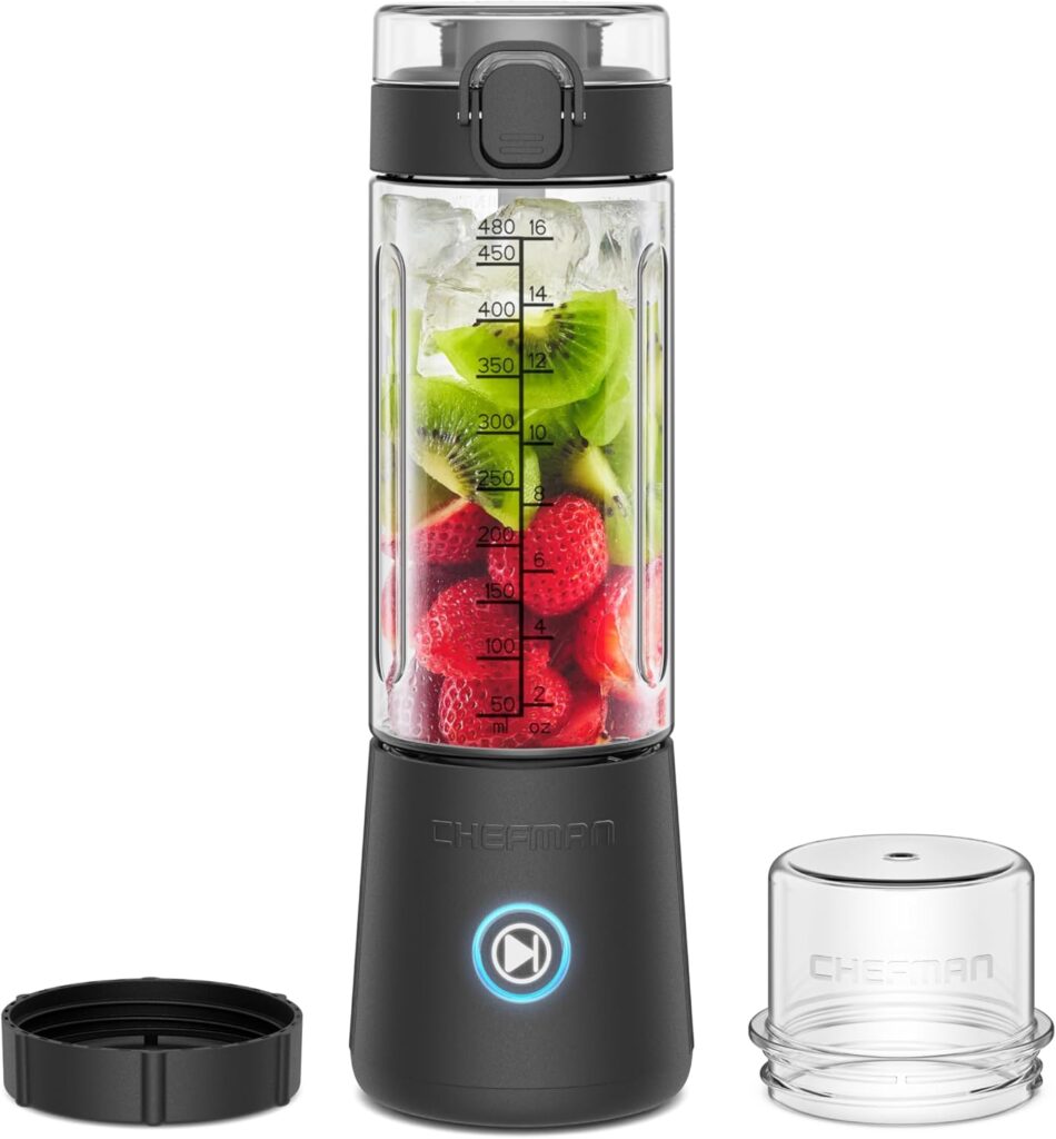 Chefman Cordless Portable Blender for Smoothies and Shakes, BPA-Free 16 oz Blending Jar w/Stainless-Steel Blades, USB-C Rechargeable with Color-Changing LEDs, Dishwasher-Safe Accessories – Black