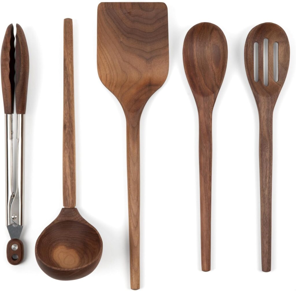 Salt & York 5-piece Walnut Wooden Kitchen Utensil Set – Includes Turner, Tongs, Slotted Spoon, Ladle, and 12″ Spoon – Best Wooden Spoons for Cooking – Ideal for Nonstick Cookware