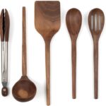 Salt & York 5-piece Walnut Wooden Kitchen Utensil Set – Includes Turner, Tongs, Slotted Spoon, Ladle, and 12″ Spoon – Best Wooden Spoons for Cooking – Ideal for Nonstick Cookware