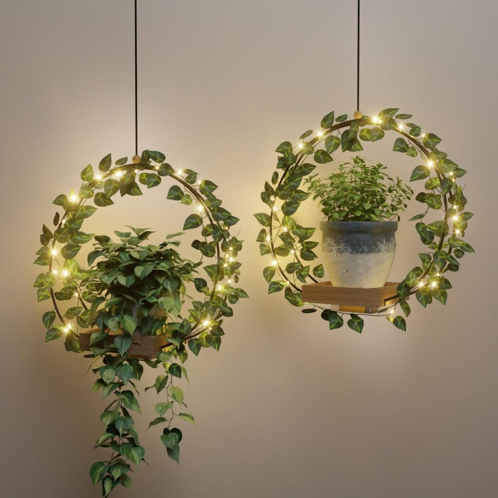 2 Pack Hanging Planters for Indoor Plants – Macrame Plant Hangers with Artificial Leaves & LED String Lights, Boho Hanging Decor for Wall, Ceiling, or Window (Plants/Pots Not Included)