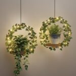 2 Pack Hanging Planters for Indoor Plants – Macrame Plant Hangers with Artificial Leaves & LED String Lights, Boho Hanging Decor for Wall, Ceiling, or Window (Plants/Pots Not Included)