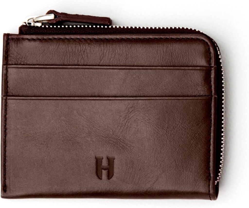 RFID Blocking Zipper Wallet, Slim Business Card Holder, Men & Women, Handcrafted Full-Grain Leather, Gift Box & Pouch, Christmas & Birthday, Brown