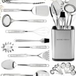Home Hero 32-Piece Stainless Steel Kitchen Utensil Set – Heat-Resistant Nonstick Silicone Tools – Durable Stainless Steel Cooking Tools – Measuring Cups & Spoons with Holder – 32 Pc, Silver