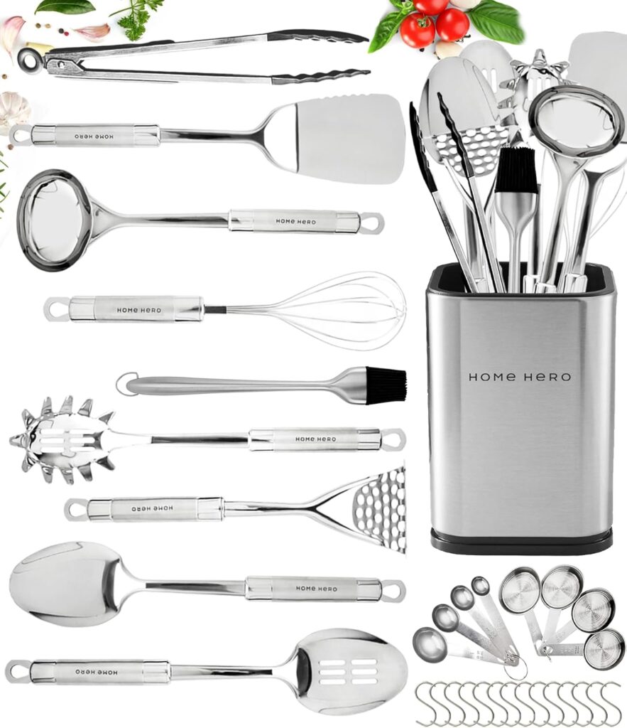Home Hero 32-Piece Stainless Steel Kitchen Utensil Set – Heat-Resistant Nonstick Silicone Tools – Durable Stainless Steel Cooking Tools – Measuring Cups & Spoons with Holder – 32 Pc, Silver
