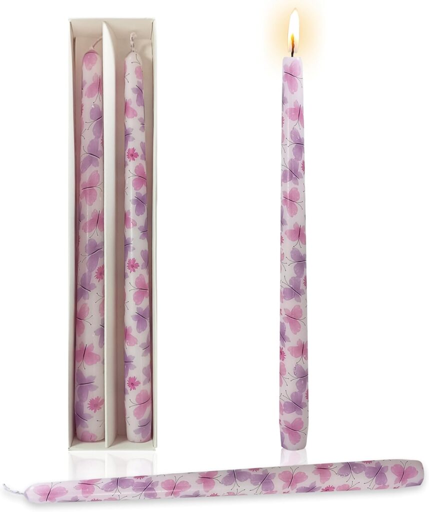 Butterfly Taper Candles Candlesticks 10 Inch Handmade 2pcs Purple Dripless Long Candles Unscented Tapered Candle for Wedding Home Decoration Holiday