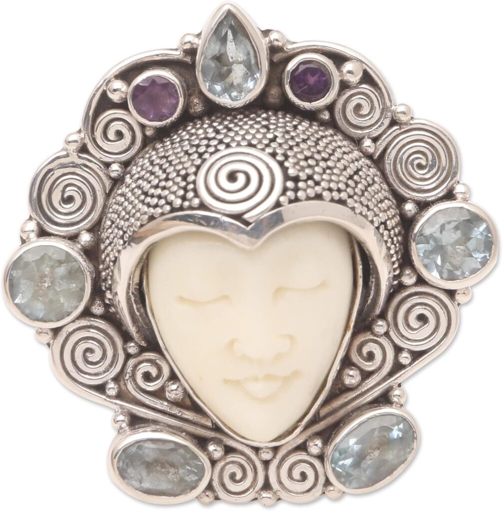 NOVICA Artisan Handmade Amethyst Blue Topaz Cocktail Ring Crafted .925 Sterling Silver Bone Indonesia Gemstone ‘Royal Sleep’