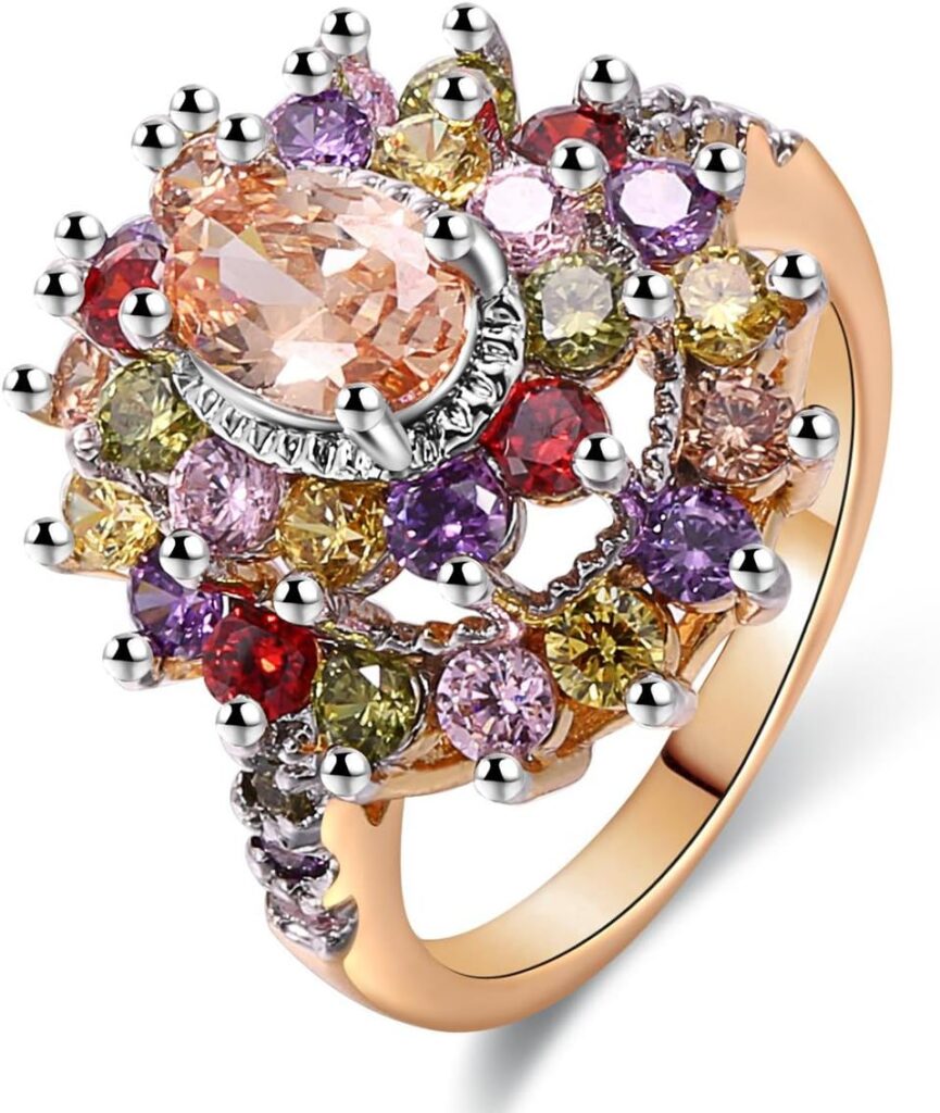 JIANGYUE Multicolor AAA Grade Cubic Zirconia Rhodium Rose Gold Plated Multi-Stone Ring for Women Party Club Fashion Jewelry Size 5 6 7 8 9 10