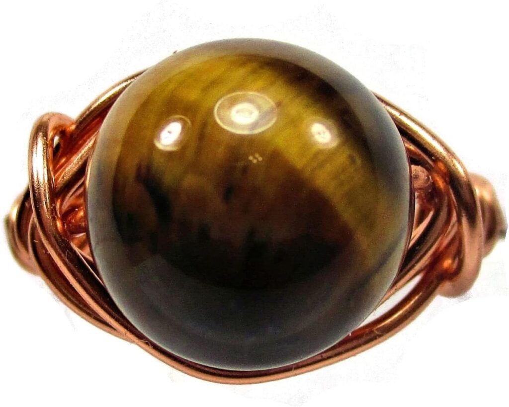 Gold Tiger Eye Gemstone Handmade Copper-Gold-Silver Solitaire Wire Wrap Womens Ring Jewelry Gift for Her Hand-Crafted in USA