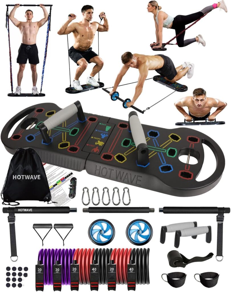 HOTWAVE Portable Exercise Equipment with 16 Gym Accessories,20 in 1 Push Up Board Fitness,Resistance Bands with Ab Roller Wheel,at Home Workout for Men
