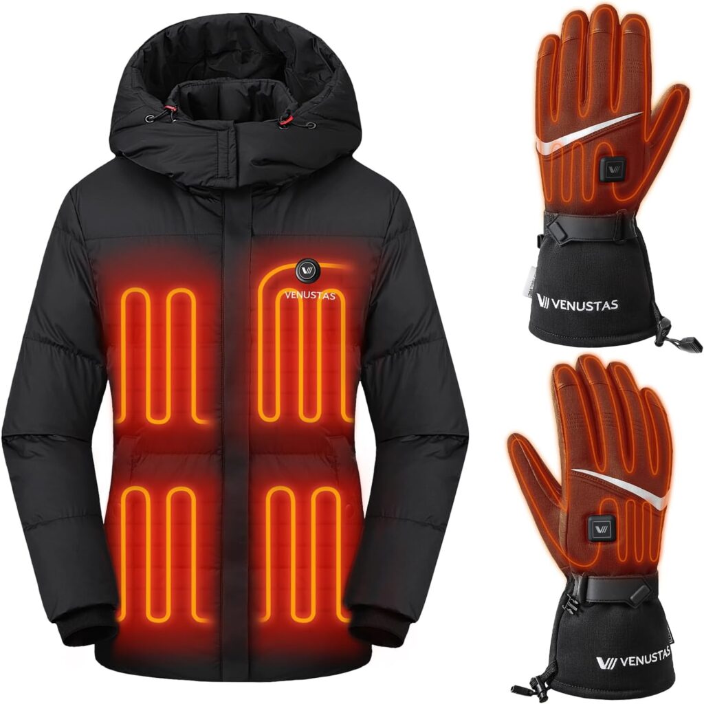 Venustas Down Heated Jacket(Black, XS) & Heated Gloves(Black, M), Lightweight Down Heated Coat & Rechargeable Electric Gloves for Skiing & Winter