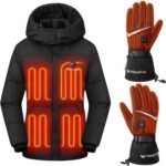 Venustas Down Heated Jacket(Black, XS) & Heated Gloves(Black, M), Lightweight Down Heated Coat & Rechargeable Electric Gloves for Skiing & Winter