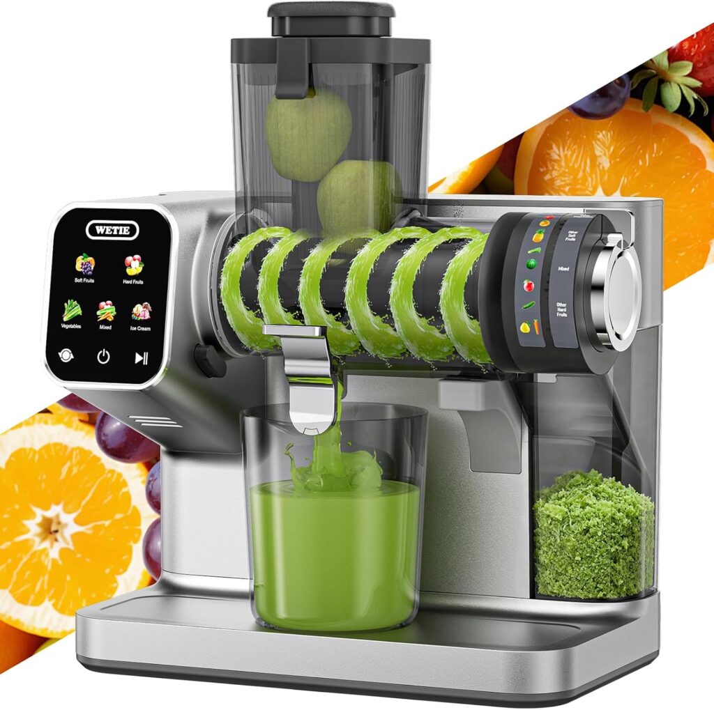WETIE Cold Press Juicer, Powerful Juicer Machines with Adjustable Juicing Pressure, 99% High Juice Yield, Quiet Slow Masticating Juicer with Touch Screen, 3.54” Feed Chute, Easy to Clean with Brush