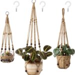 Mkono 3 Pack Macrame Plant Hangers Indoor Different Size Hanging Planter Basket Flower Pot Holder with Beads No Tassels 35″/29″/23″, Medium, Brown