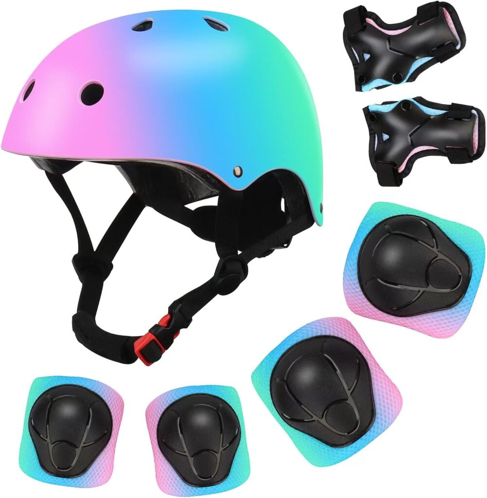 Color Gradient Adjustable Kids’ Helmet with Knee & Elbow Pads Set | Multi-Sport Safety Gear for Boys & Girls Ages 5-14 | Skateboarding, Scooters, Roller & Inline Skating, Longboarding