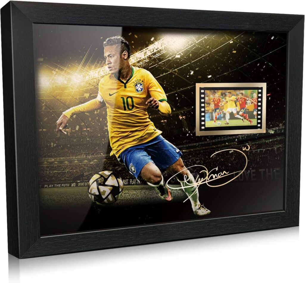ORIMAMI Gifts for Soccer Player Neymar Jr. Fans – Sport Star Picture Desktop Framed Photo 8×6 Inches with Signed and 1x35mm Film Mini Cell Display