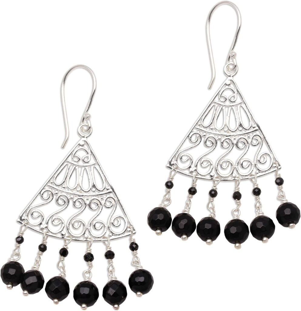 NOVICA Artisan Handmade Onyx Chandelier Earrings Spiral Pattern from Bali Sterling Silver Dangle Indonesia Gemstone Birthstone [2.4 in L x 1.1 in W x 0.2 in D] ‘ Spiral Fascination’