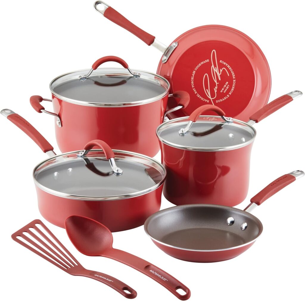 Rachael Ray Cucina Nonstick Cookware/Pots and Pans Set, 10 Piece – Cranberry Red
